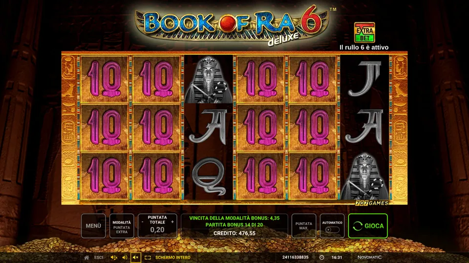 Book of Ra Deluxe 6: il simbolo bonus 10 espanso su quattro rulli durante le partite bonus