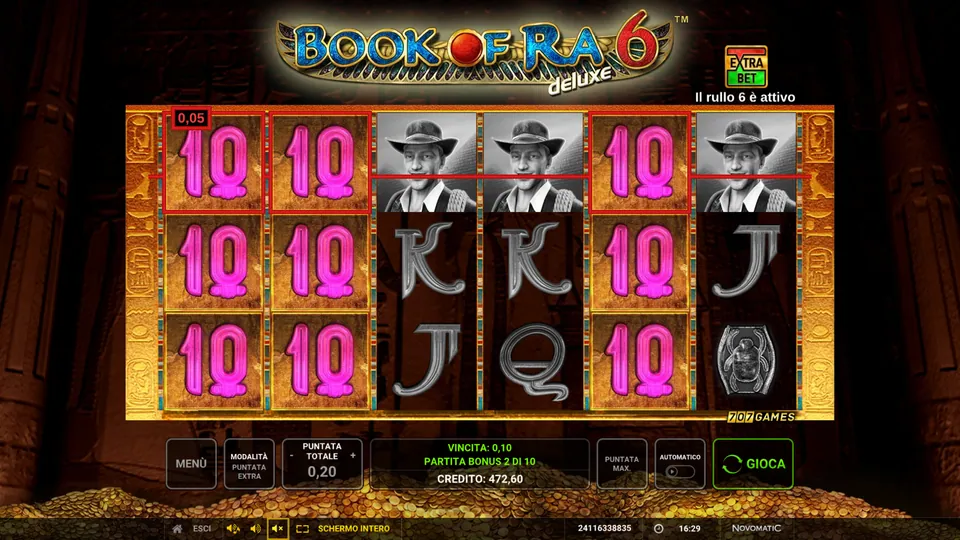 Book of Ra Deluxe 6: simbolo bonus 10 espanso sui rulli 1, 2 e 5