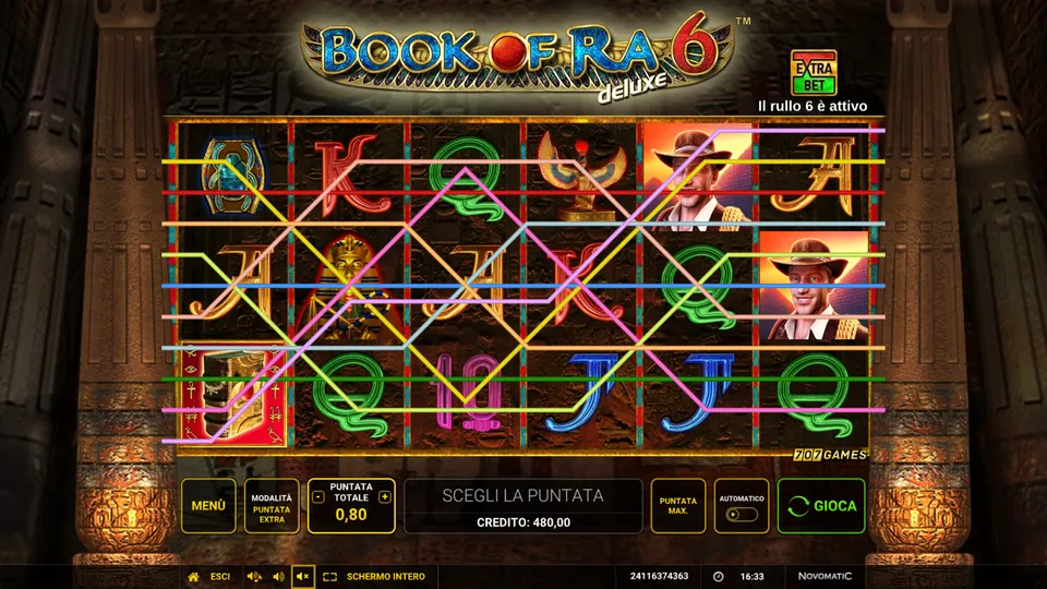 Book of Ra Deluxe 6 con puntata totale 0,80 e le dieci linee visualizzate