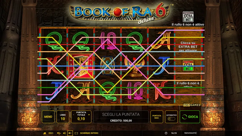 Book of Ra Deluxe 6 con il sesto rullo disattivato e puntata totale 0,10